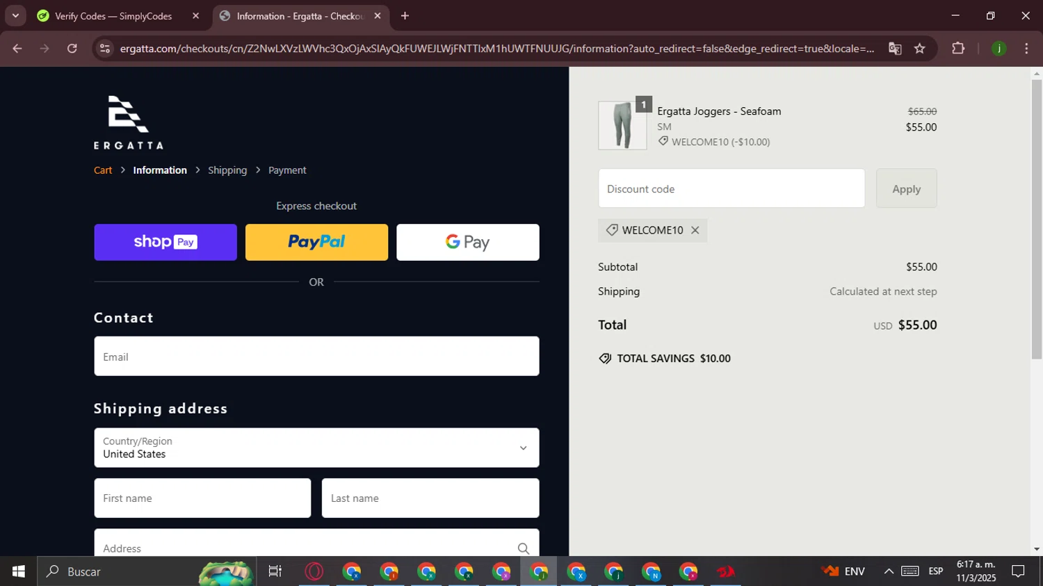 Ergatta promo code screenshot showing code Welcome10 applied at Ergatta checkout page. Uploaded by SimplyCodes community member Ferrari on Mar 11, 2025