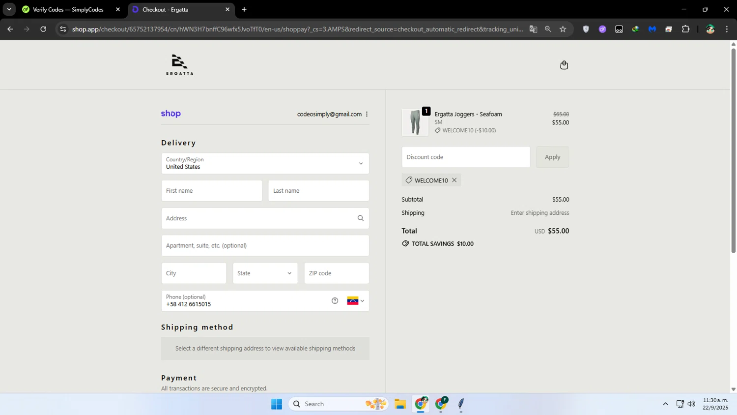 Ergatta promo code screenshot showing code Welcome10 applied at Ergatta checkout page. Uploaded by SimplyCodes community member franalepe on Sep 22, 2025