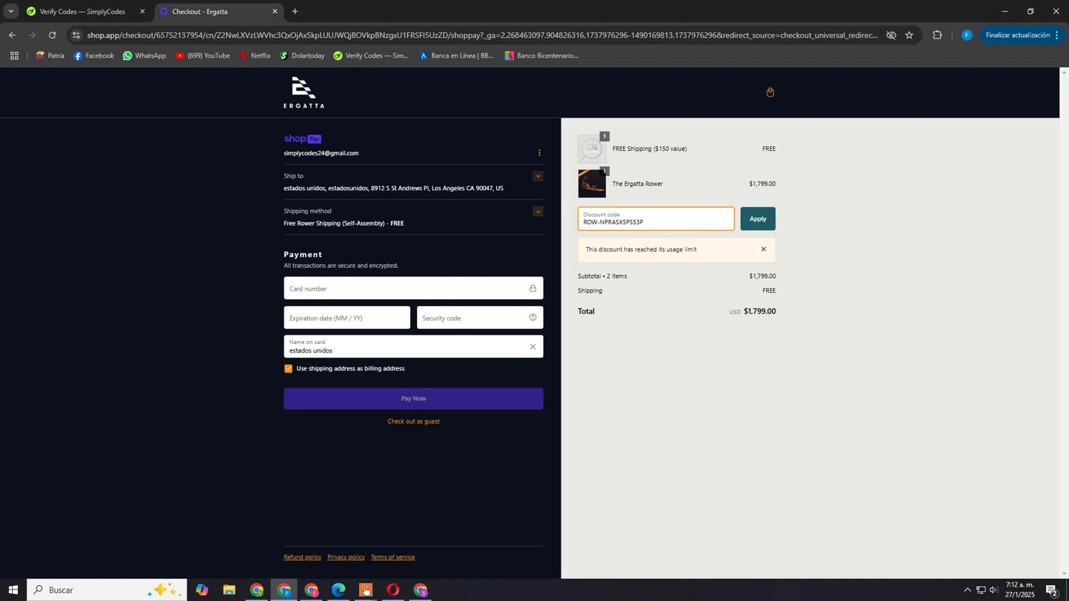 Ergatta promo code screenshot showing code ROW-NPRASX5PS53P applied at Ergatta checkout page. Uploaded by SimplyCodes community member BudgetEagle1069 on Jan 27, 2025