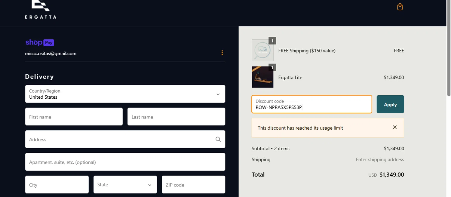 Ergatta promo code screenshot showing code ROW-NPRASX5PS53P applied at Ergatta checkout page. Uploaded by SimplyCodes community member negrita on Jan 27, 2025