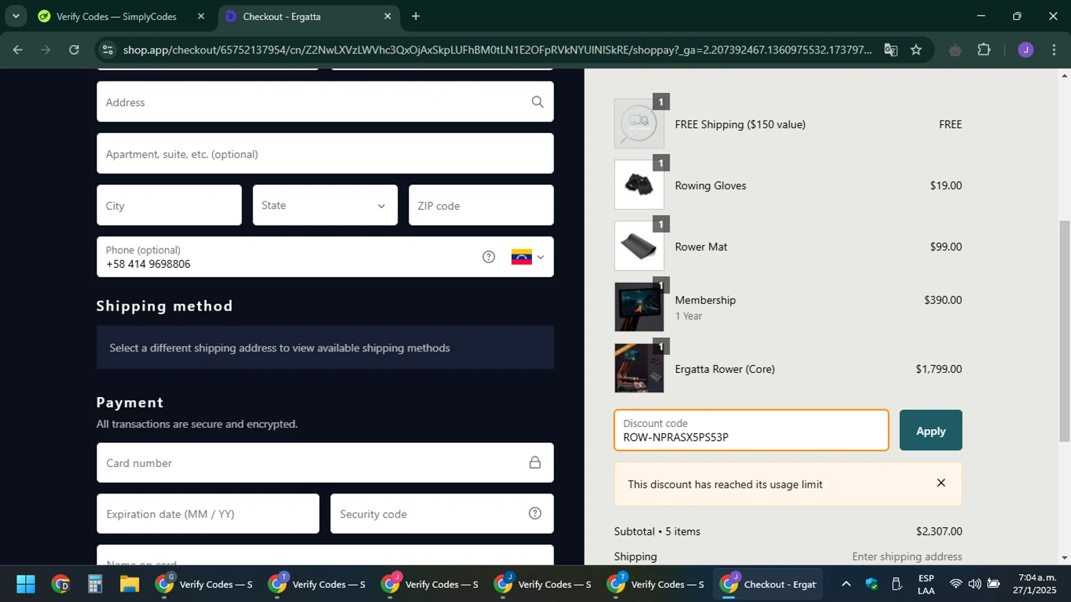 Ergatta promo code screenshot showing code ROW-NPRASX5PS53P applied at Ergatta checkout page. Uploaded by SimplyCodes community member sniderjack453 on Jan 27, 2025