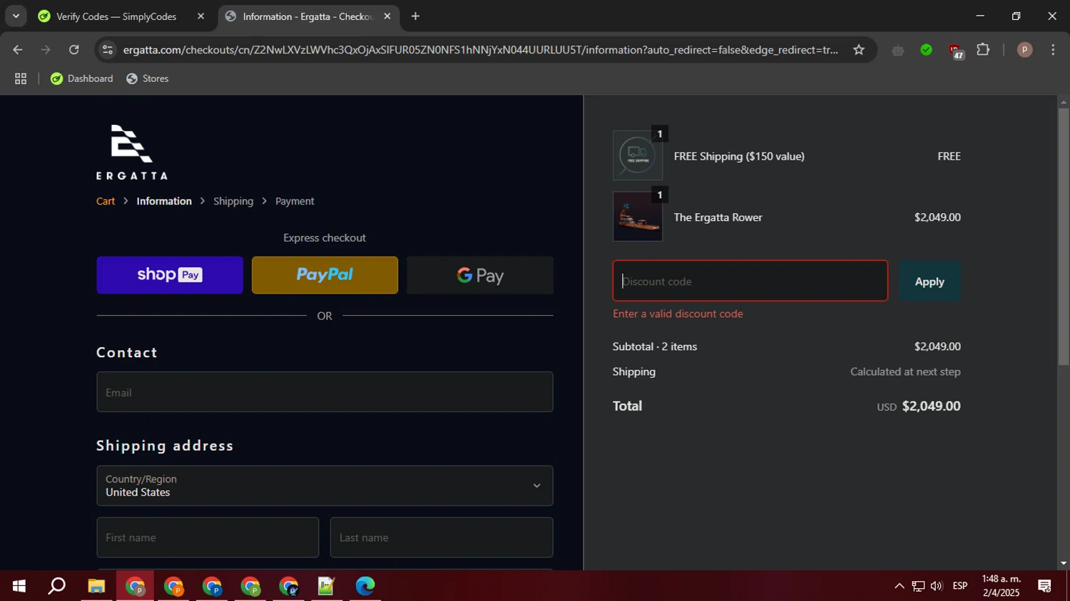 Ergatta promo code screenshot showing code spring100 applied at Ergatta checkout page. Uploaded by SimplyCodes community member PrimeTiger1163 on Apr 2, 2025