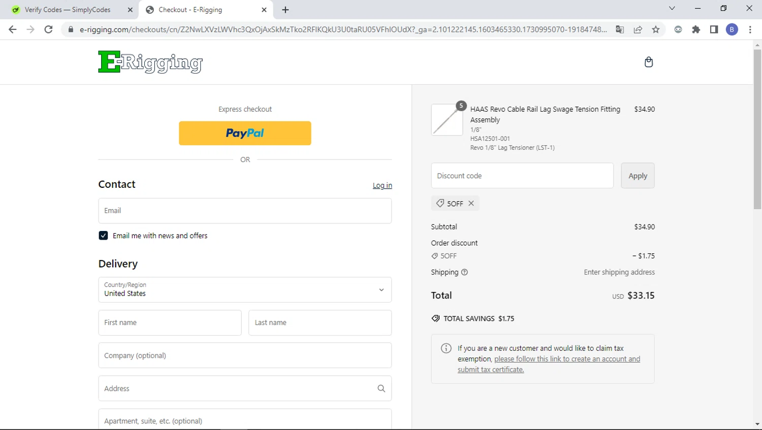 E-Rigging checkout page showing E-Rigging promo code box | Screenshot taken by SimplyCodes community member on Nov 7, 2024