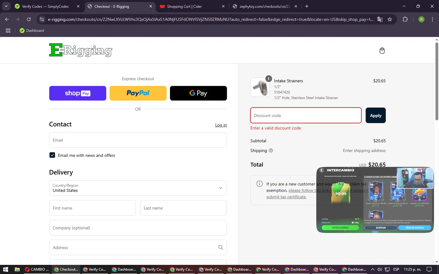 E-Rigging promo code screenshot showing code 5OFF applied at E-Rigging checkout page. Uploaded by SimplyCodes community member CouponRanger9482 on Mar 11, 2025