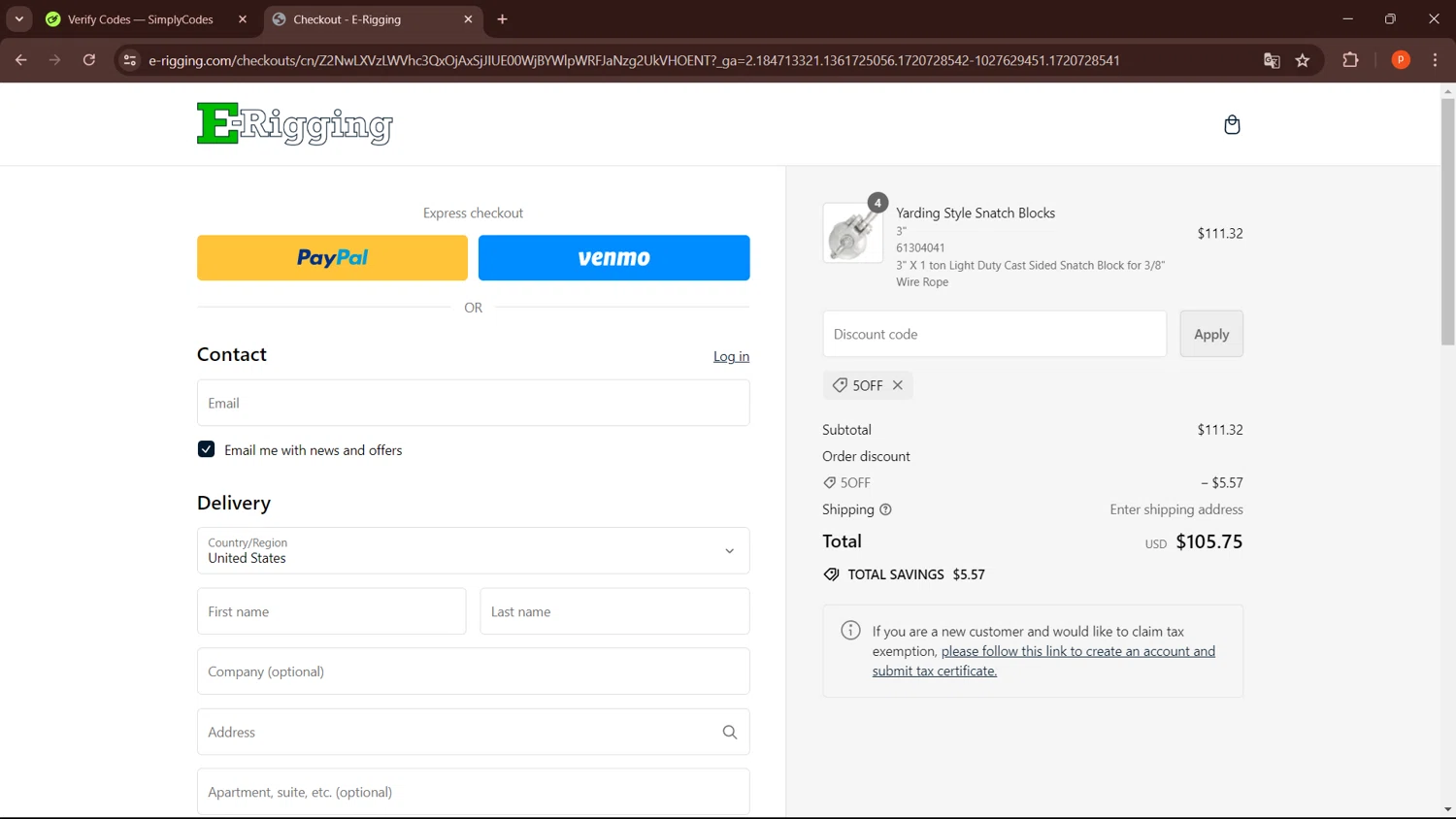 E-Rigging checkout page showing E-Rigging promo code box | Screenshot taken by SimplyCodes community member on Jul 11, 2024