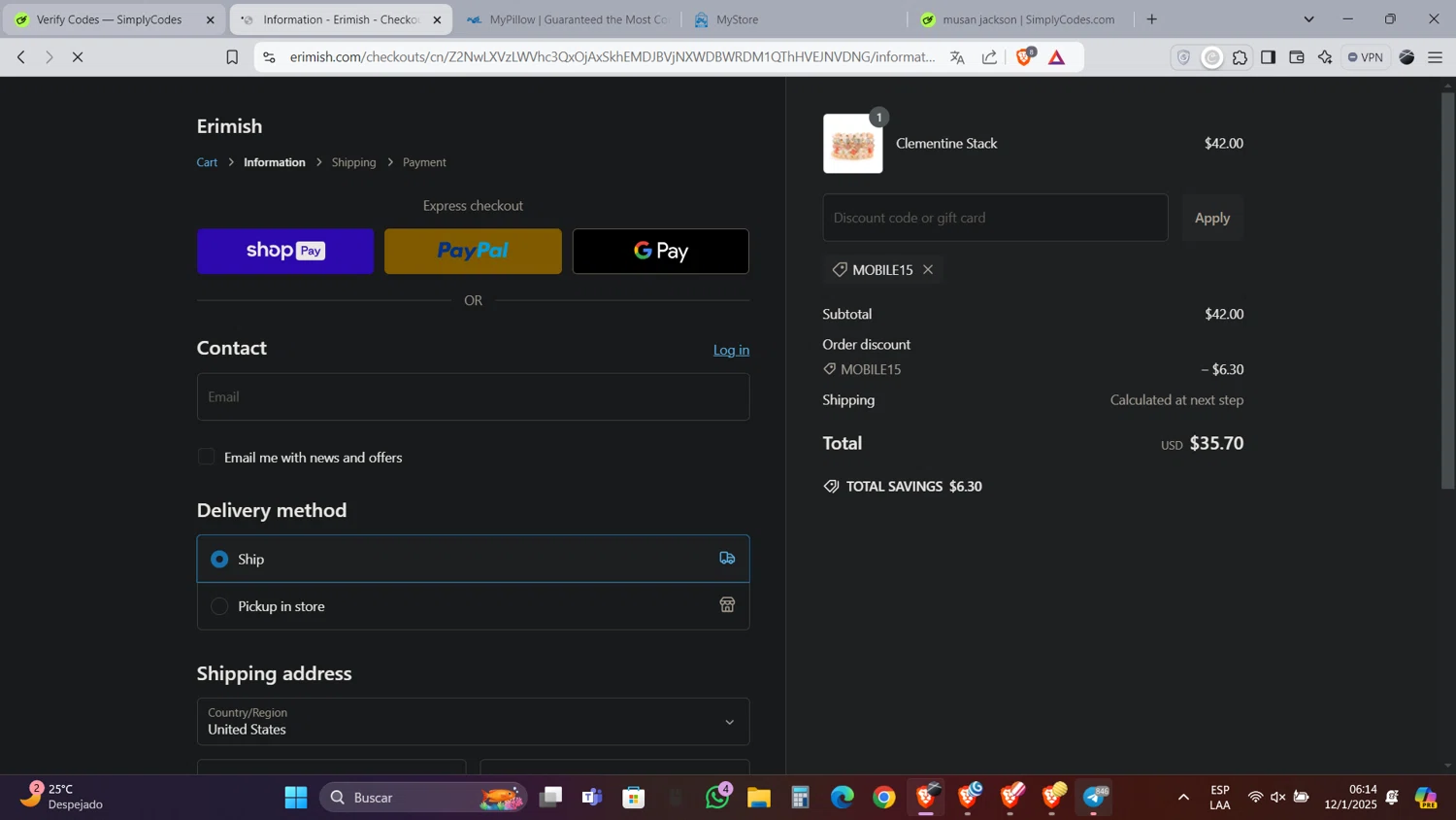 Erimish discount code screenshot showing code MOBILE15 applied at Erimish checkout page. Uploaded by SimplyCodes community member Caraxes on Jan 12, 2025