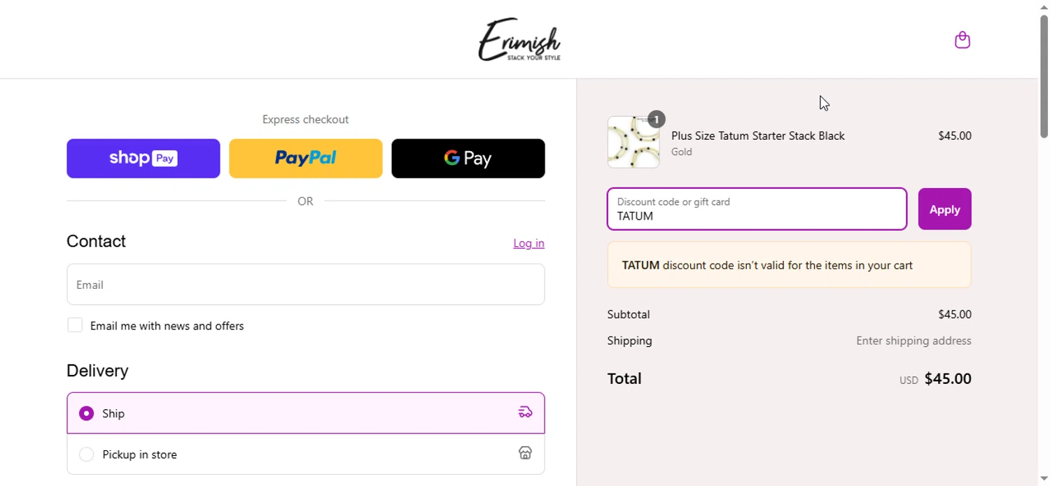 Erimish discount code screenshot showing code TATUM applied at Erimish checkout page. Uploaded by SimplyCodes community member Bendito on Mar 23, 2025