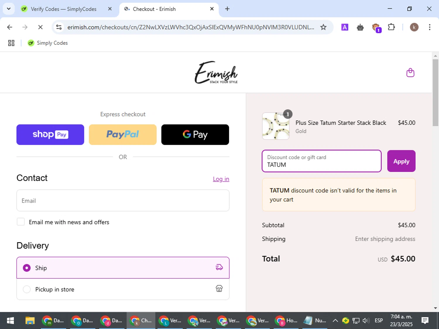 Erimish discount code screenshot showing code TATUM applied at Erimish checkout page. Uploaded by SimplyCodes community member RewardRanger298 on Mar 23, 2025