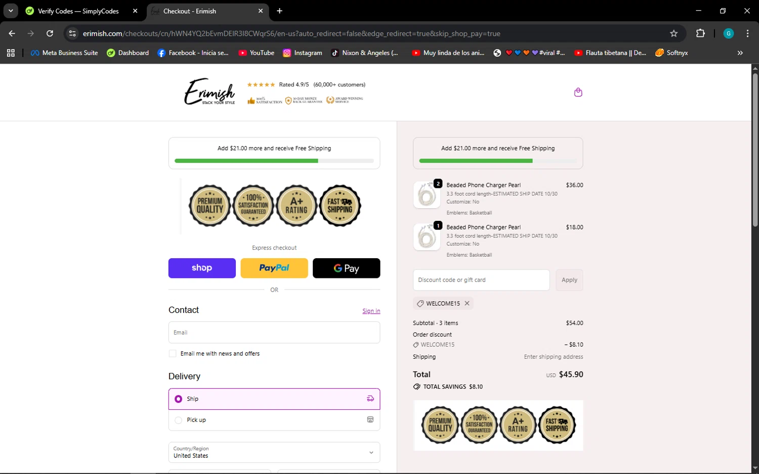 Erimish discount code screenshot showing code WELCOME15 applied at Erimish checkout page. Uploaded by SimplyCodes community member ELROJO on Oct 26, 2025