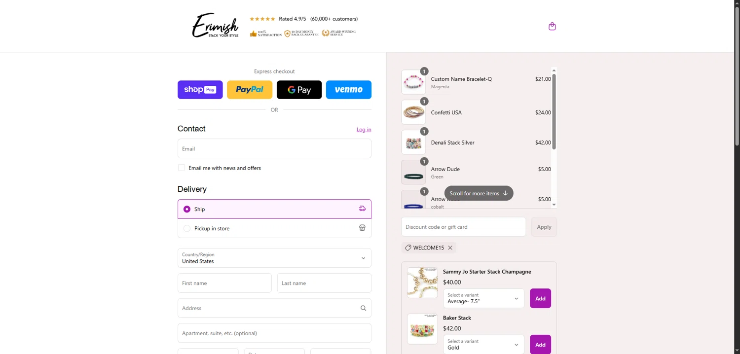Erimish discount code screenshot showing code WELCOME15 applied at Erimish checkout page. Uploaded by SimplyCodes community member SavvyHawk1474 on Jun 30, 2025
