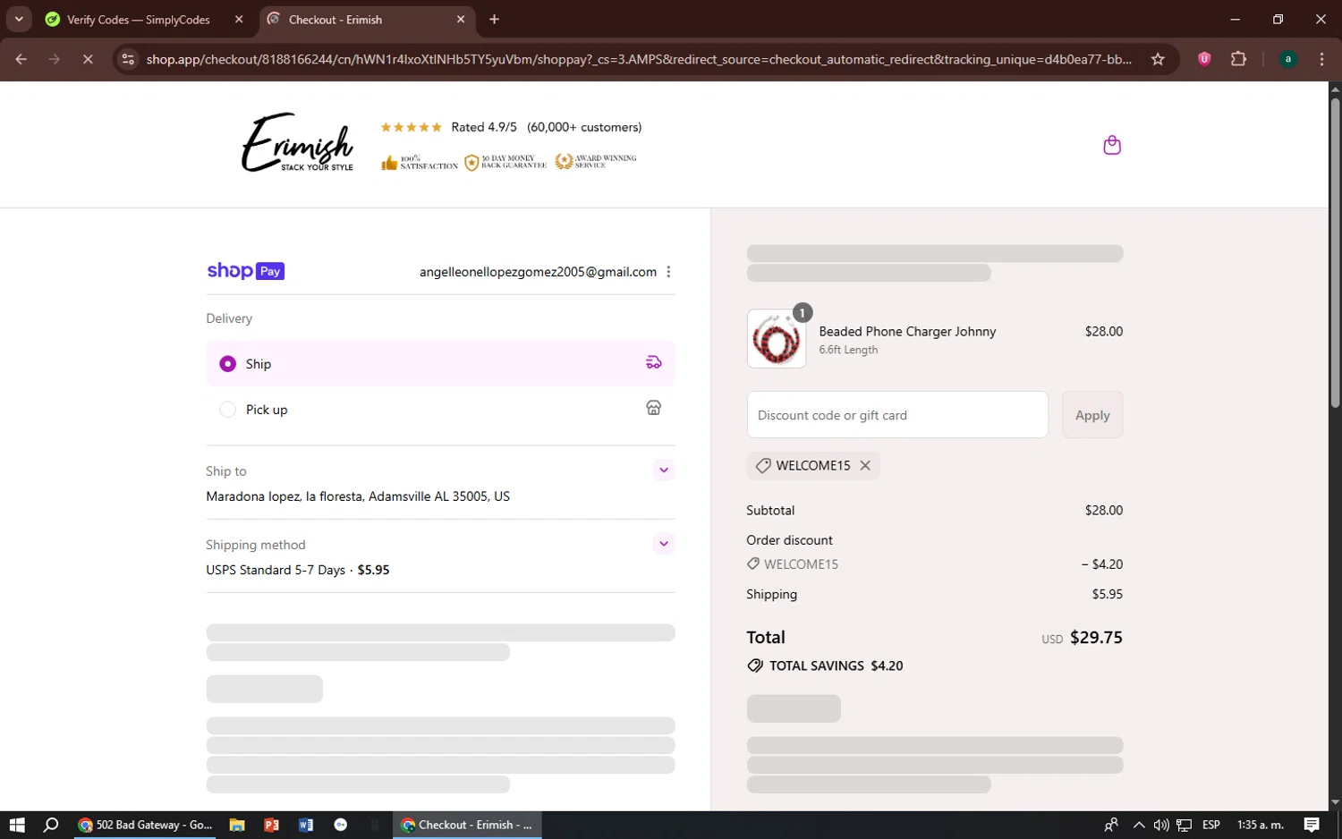 Erimish discount code screenshot showing code WELCOME15 applied at Erimish checkout page. Uploaded by SimplyCodes community member zizu55 on Aug 16, 2025