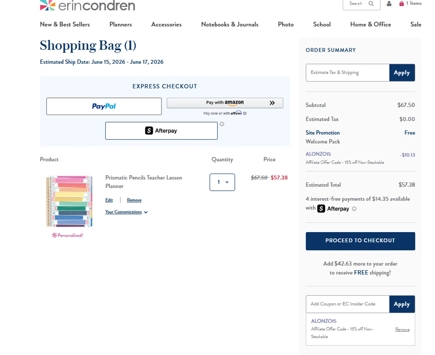 Erin Condren promo code screenshot showing code ALONZO15 applied at Erin Condren checkout page. Uploaded by SimplyCodes community member 564656554985261421 on Jun 7, 2026