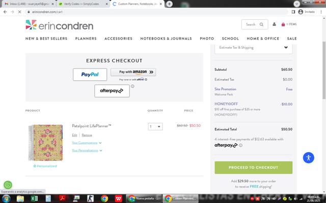 Erin Condren checkout page showing Erin Condren promo code box | Screenshot taken by SimplyCodes community member on Aug 21, 2025