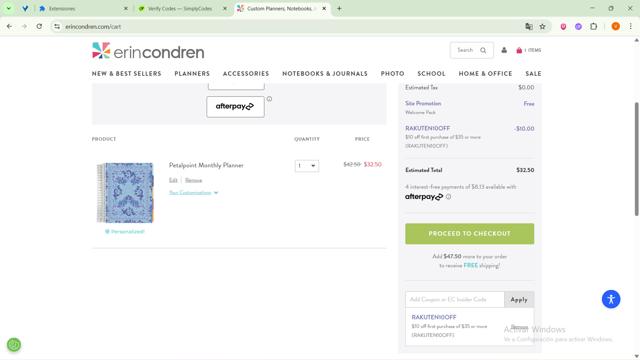 Erin Condren checkout page showing Erin Condren promo code box | Screenshot taken by SimplyCodes community member on Aug 27, 2025