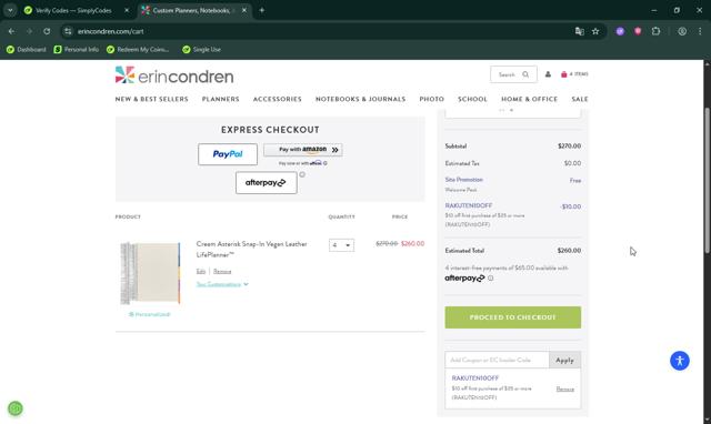 Erin Condren checkout page showing Erin Condren promo code box | Screenshot taken by SimplyCodes community member on Aug 9, 2025