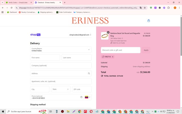 Eriness checkout page showing Eriness discount code box | Screenshot taken by SimplyCodes community member on Aug 21, 2025