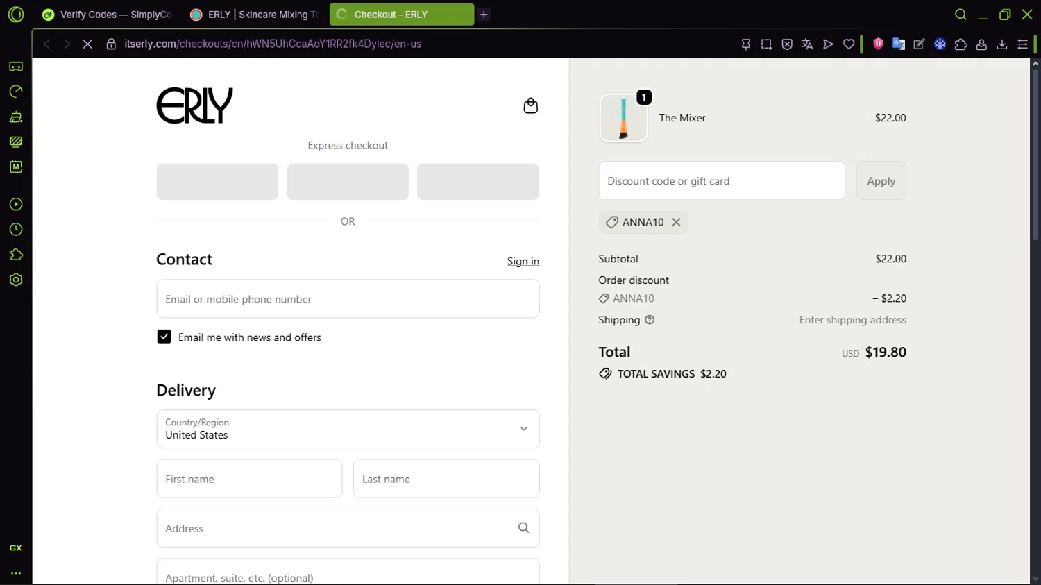 ERLY promo code screenshot showing code anna10 applied at ERLY checkout page. Uploaded by SimplyCodes community member CleverMaven2889 on Nov 20, 2025