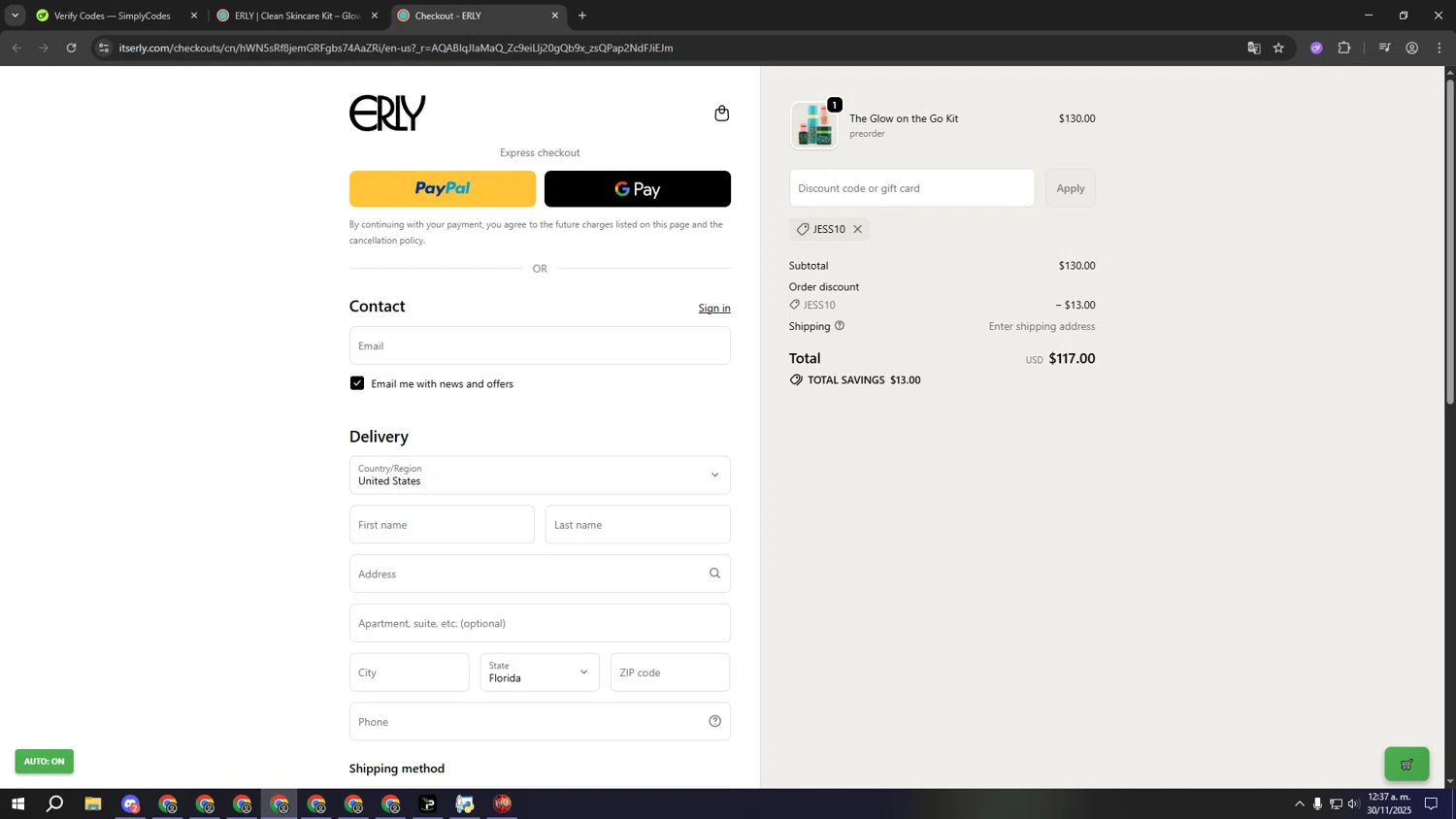 ERLY promo code screenshot showing code JESS10 applied at ERLY checkout page. Uploaded by SimplyCodes community member qqqqqqqqqqqqq on Nov 30, 2025
