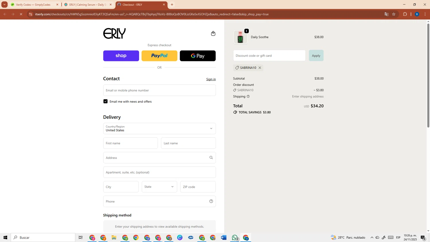 ERLY promo code screenshot showing code SABRINA10 applied at ERLY checkout page. Uploaded by SimplyCodes community member DiscountRanger3690 on Nov 25, 2025