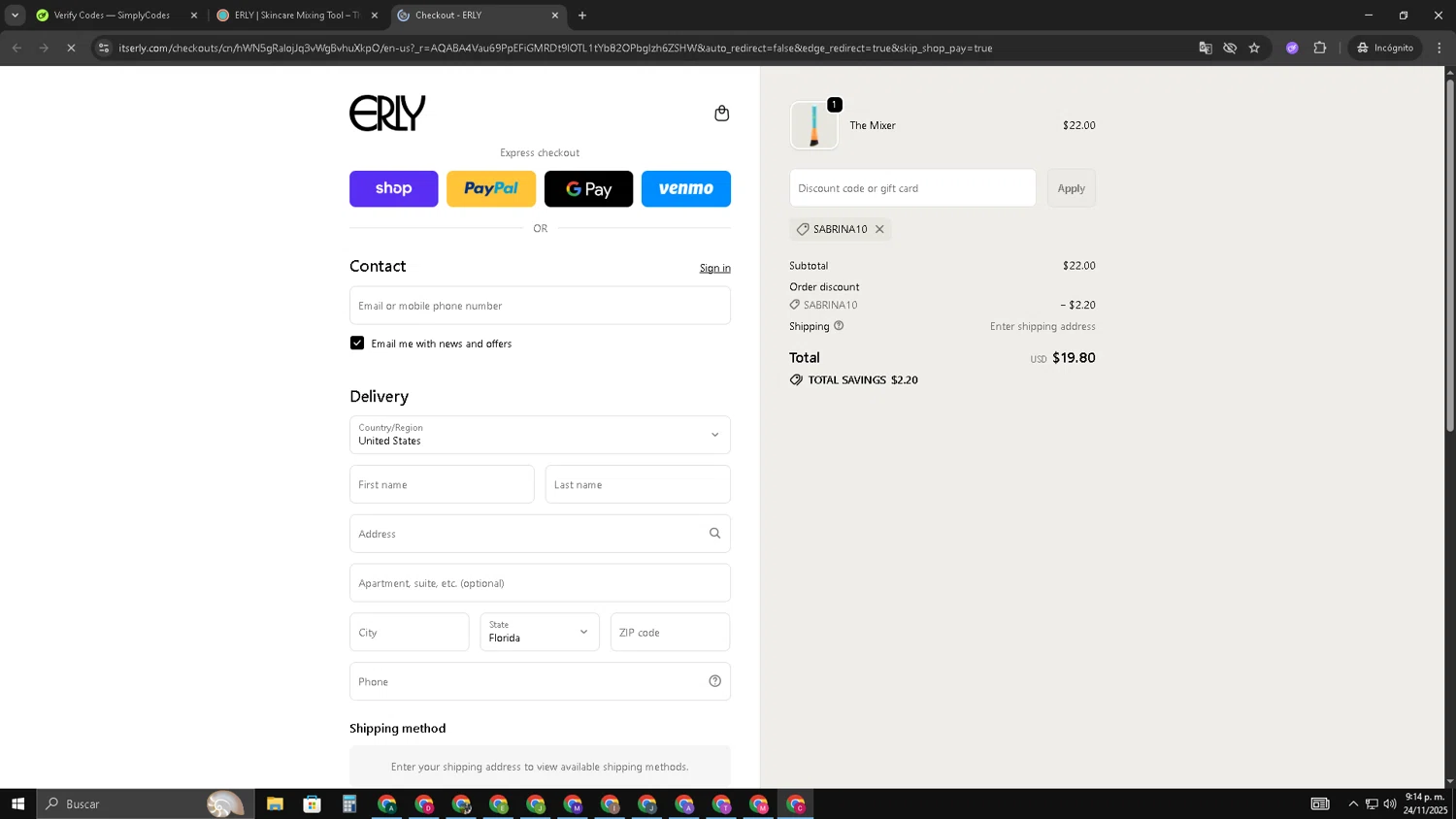 ERLY promo code screenshot showing code SABRINA10 applied at ERLY checkout page. Uploaded by SimplyCodes community member TOROREX250 on Nov 25, 2025