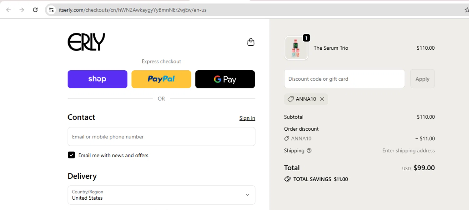 ERLY promo code screenshot showing code anna10 applied at ERLY checkout page. Uploaded by SimplyCodes community member carol_lameda on Sep 20, 2025