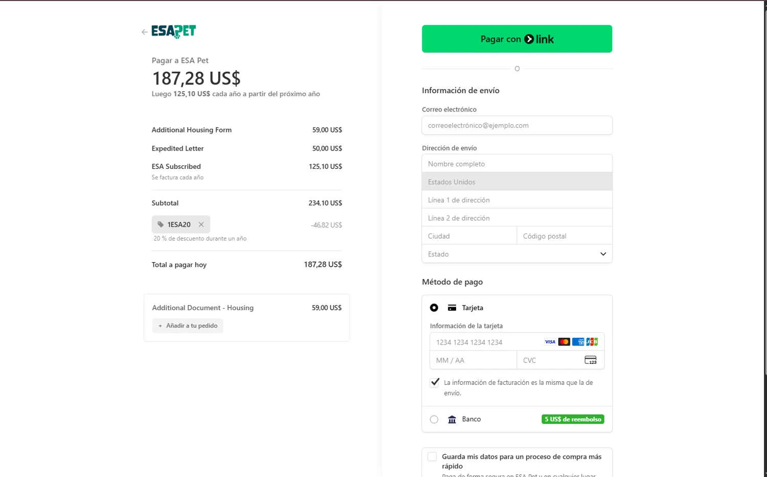 ESA Pet coupon code screenshot showing code 1ESA20 applied at ESA Pet checkout page. Uploaded by SimplyCodes community member WiseScout3498 on Oct 22, 2025