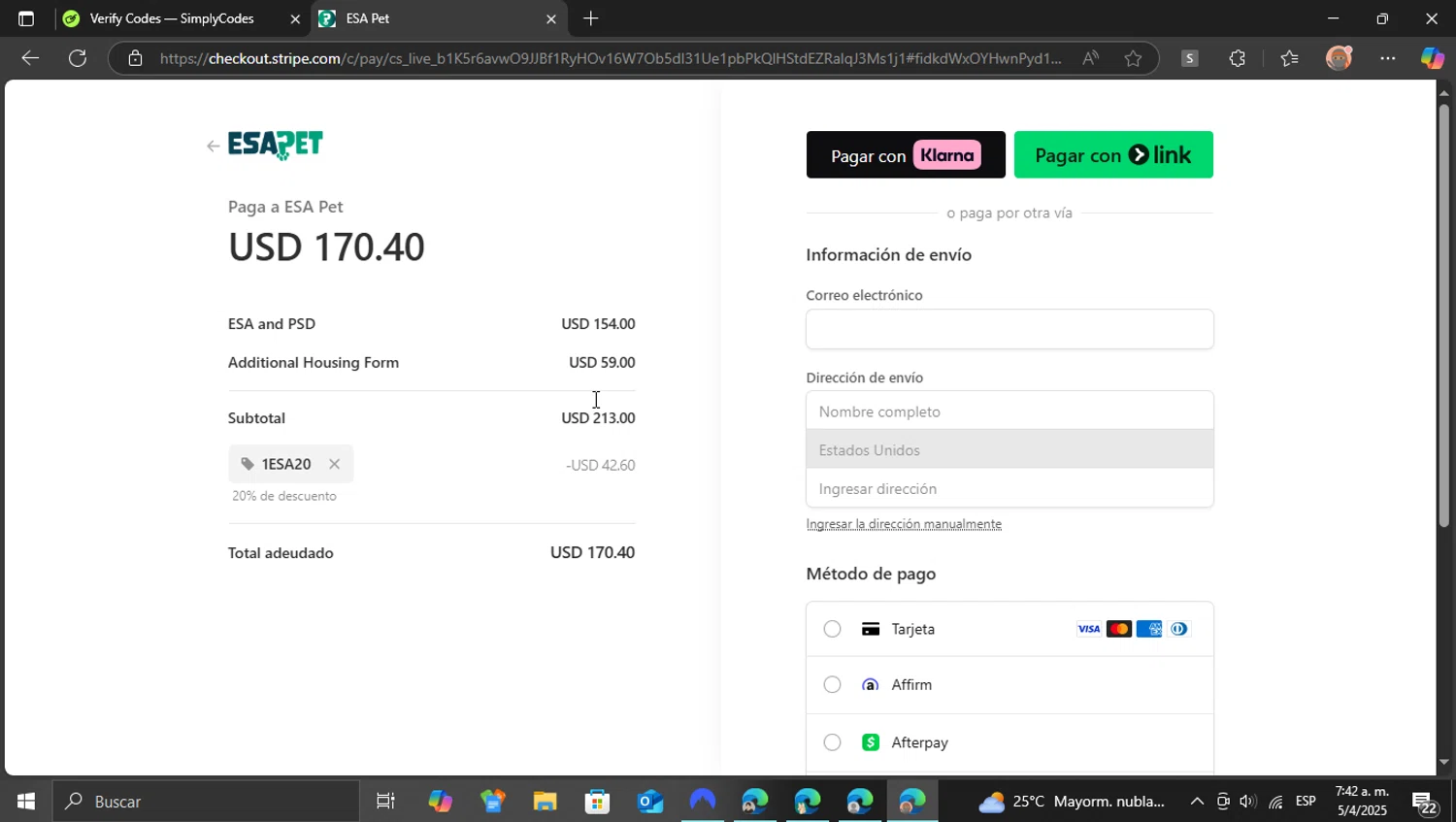 ESA Pet coupon code screenshot showing code 1ESA20 applied at ESA Pet checkout page. Uploaded by SimplyCodes community member ShieldEagle9436 on Apr 5, 2025