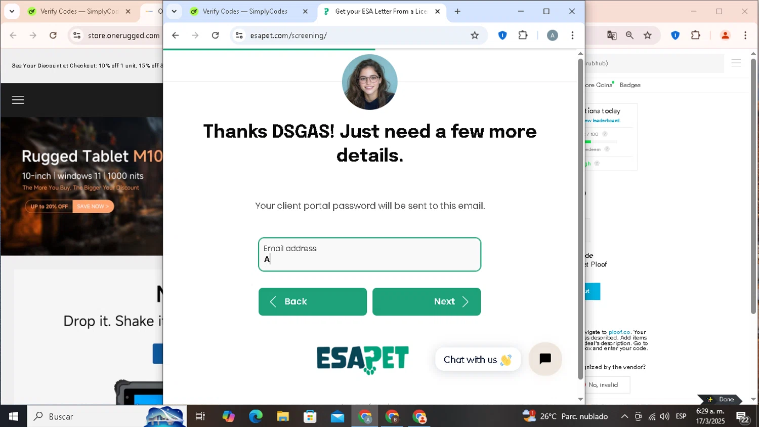 ESA Pet coupon code screenshot showing code 1ESA30 applied at ESA Pet checkout page. Uploaded by SimplyCodes community member LoncheDeHuevito on Mar 17, 2025