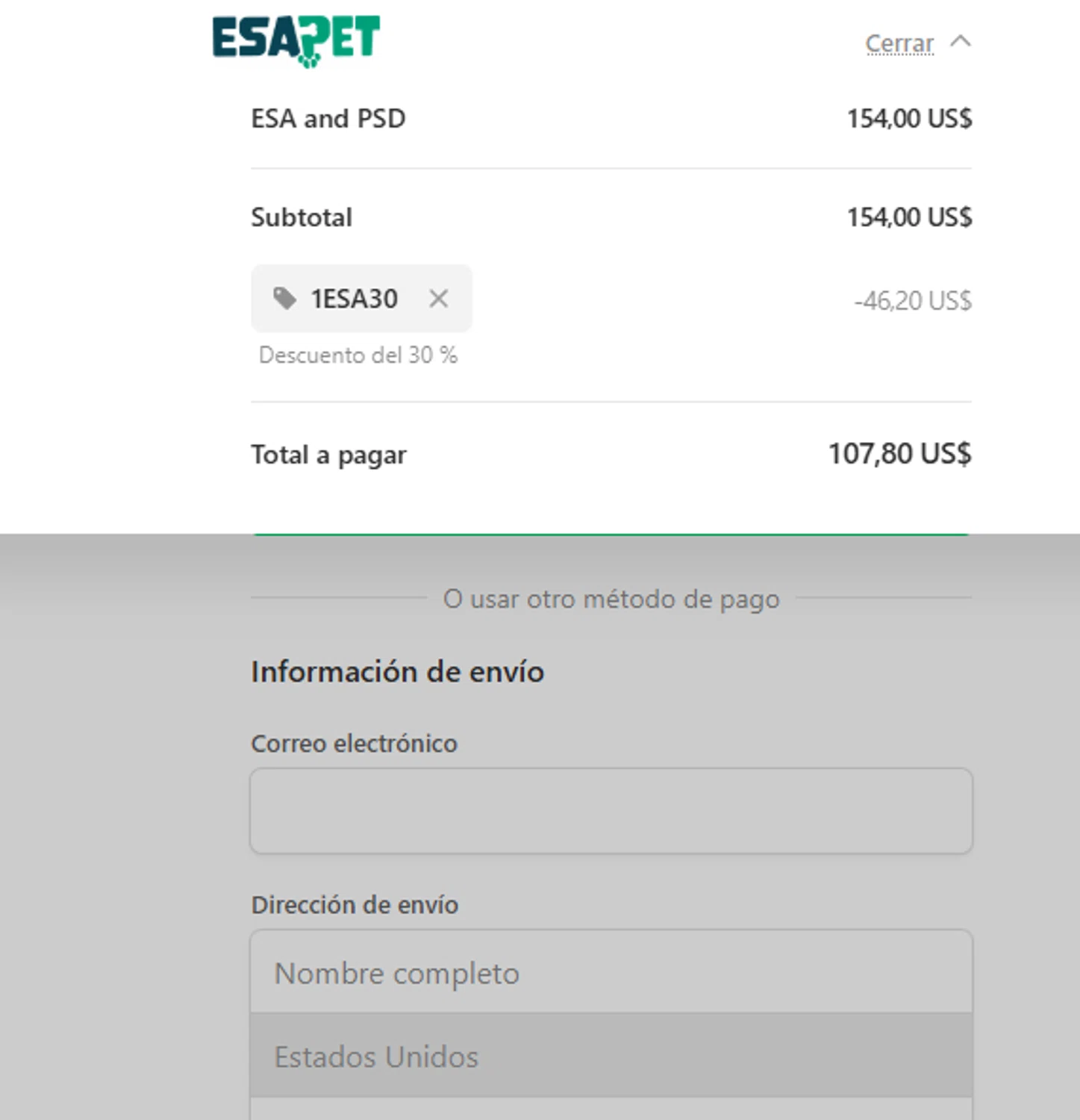 ESA Pet coupon code screenshot showing code 1ESA30 applied at ESA Pet checkout page. Uploaded by SimplyCodes community member WoskalJR on Mar 17, 2025