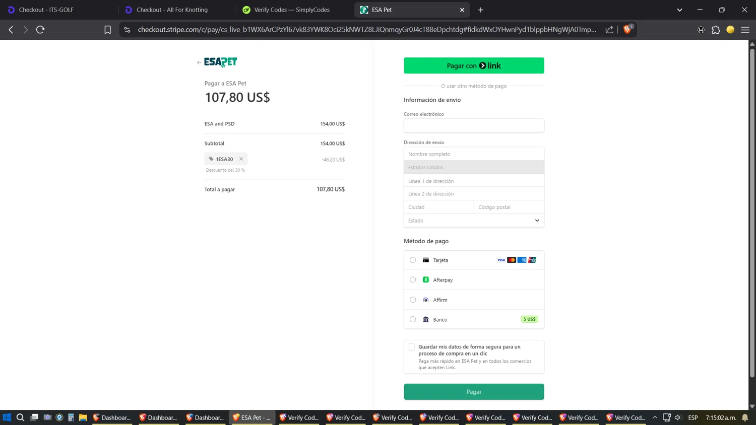 ESA Pet coupon code screenshot showing code 1ESA30 applied at ESA Pet checkout page. Uploaded by SimplyCodes community member ZoilaPerrita on Apr 15, 2025