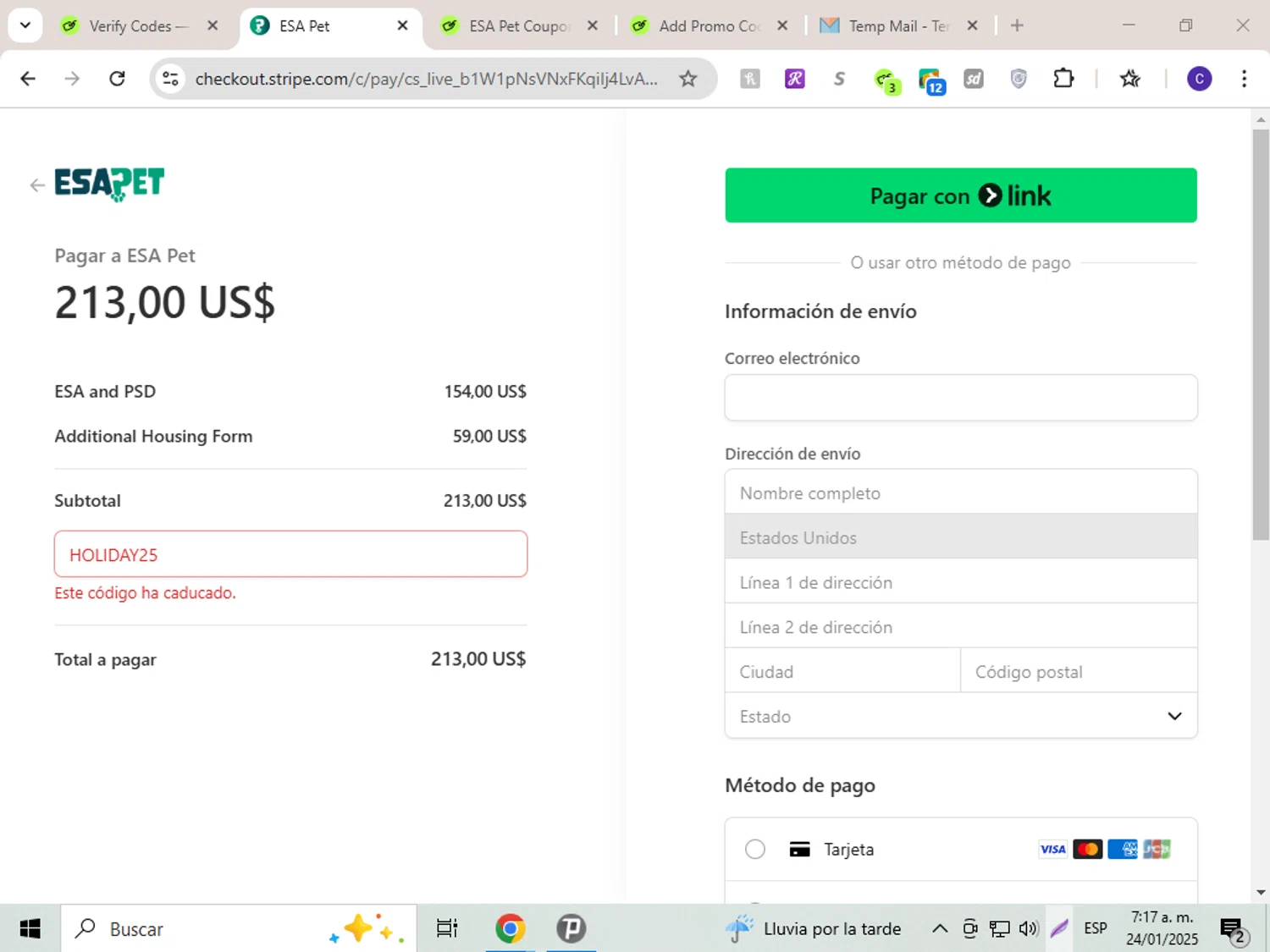 ESA Pet coupon code screenshot showing code HOLIDAY25 applied at ESA Pet checkout page. Uploaded by SimplyCodes community member LAGUGU on Jan 24, 2025