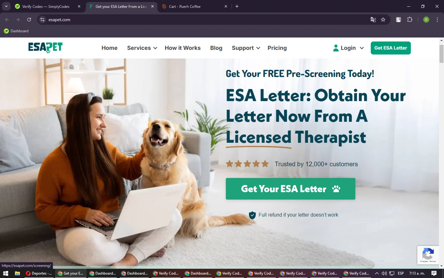 ESA Pet coupon code screenshot showing code HOLIDAY25 applied at ESA Pet checkout page. Uploaded by SimplyCodes community member CouponRanger9482 on Jan 24, 2025