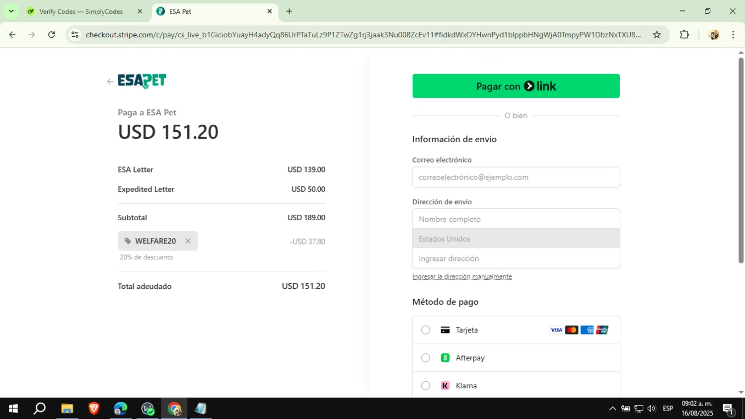 ESA Pet coupon code screenshot showing code WELFARE20 applied at ESA Pet checkout page. Uploaded by SimplyCodes community member CashExpert3657 on Aug 16, 2025