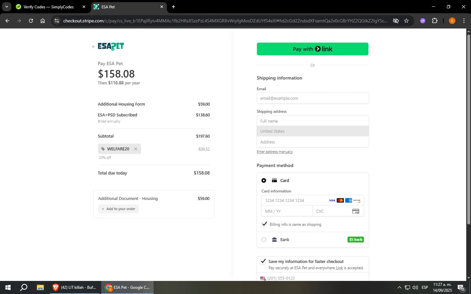 ESA Pet coupon code screenshot showing code WELFARE20 applied at ESA Pet checkout page. Uploaded by SimplyCodes community member StevenZarraga on Sep 14, 2025