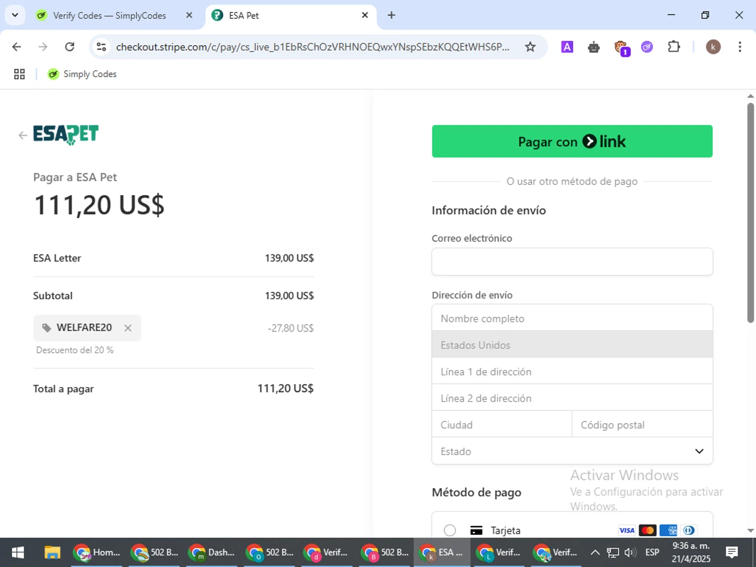 ESA Pet checkout page showing ESA Pet coupon code box | Screenshot taken by SimplyCodes community member on Apr 21, 2025