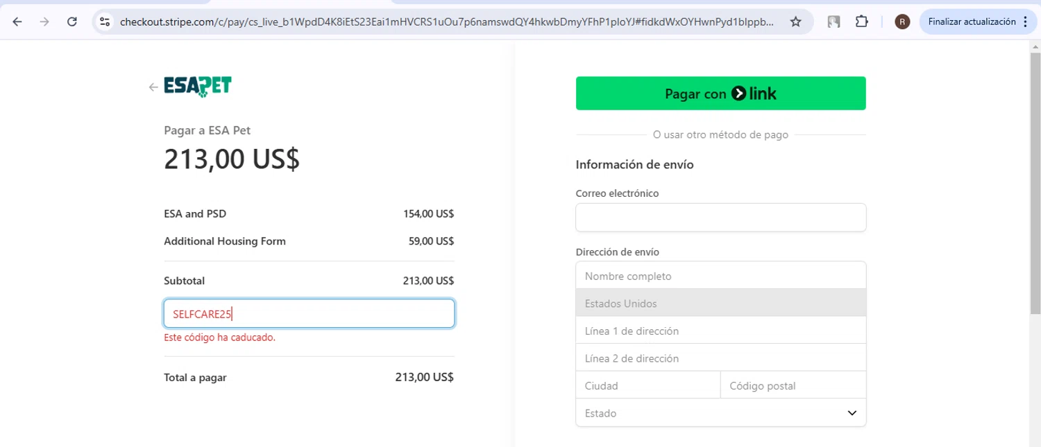 ESA Pet coupon code screenshot showing code SELFCARE25 applied at ESA Pet checkout page. Uploaded by SimplyCodes community member zurdita on Feb 22, 2025