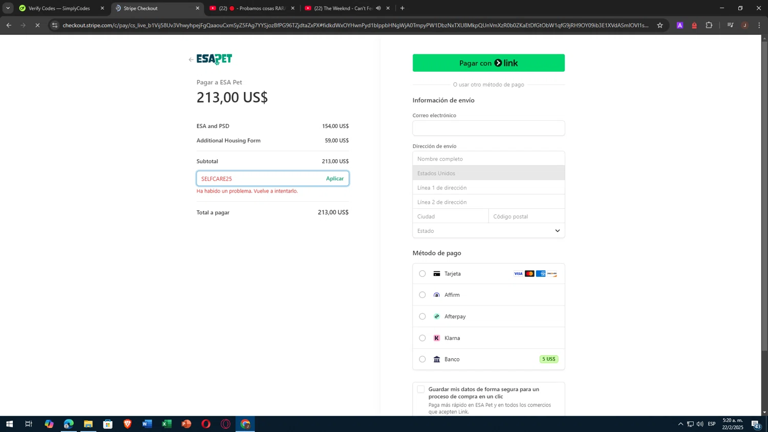 ESA Pet coupon code screenshot showing code SELFCARE25 applied at ESA Pet checkout page. Uploaded by SimplyCodes community member tonikros on Feb 22, 2025