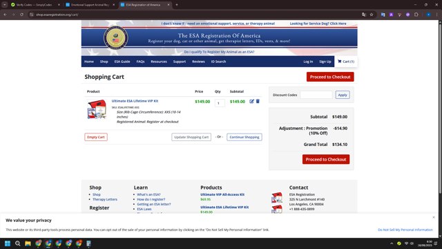 ESA Registration checkout page showing ESA Registration promo code box | Screenshot taken by SimplyCodes community member on Aug 18, 2025