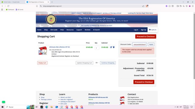 ESA Registration checkout page showing ESA Registration promo code box | Screenshot taken by SimplyCodes community member on Aug 18, 2025
