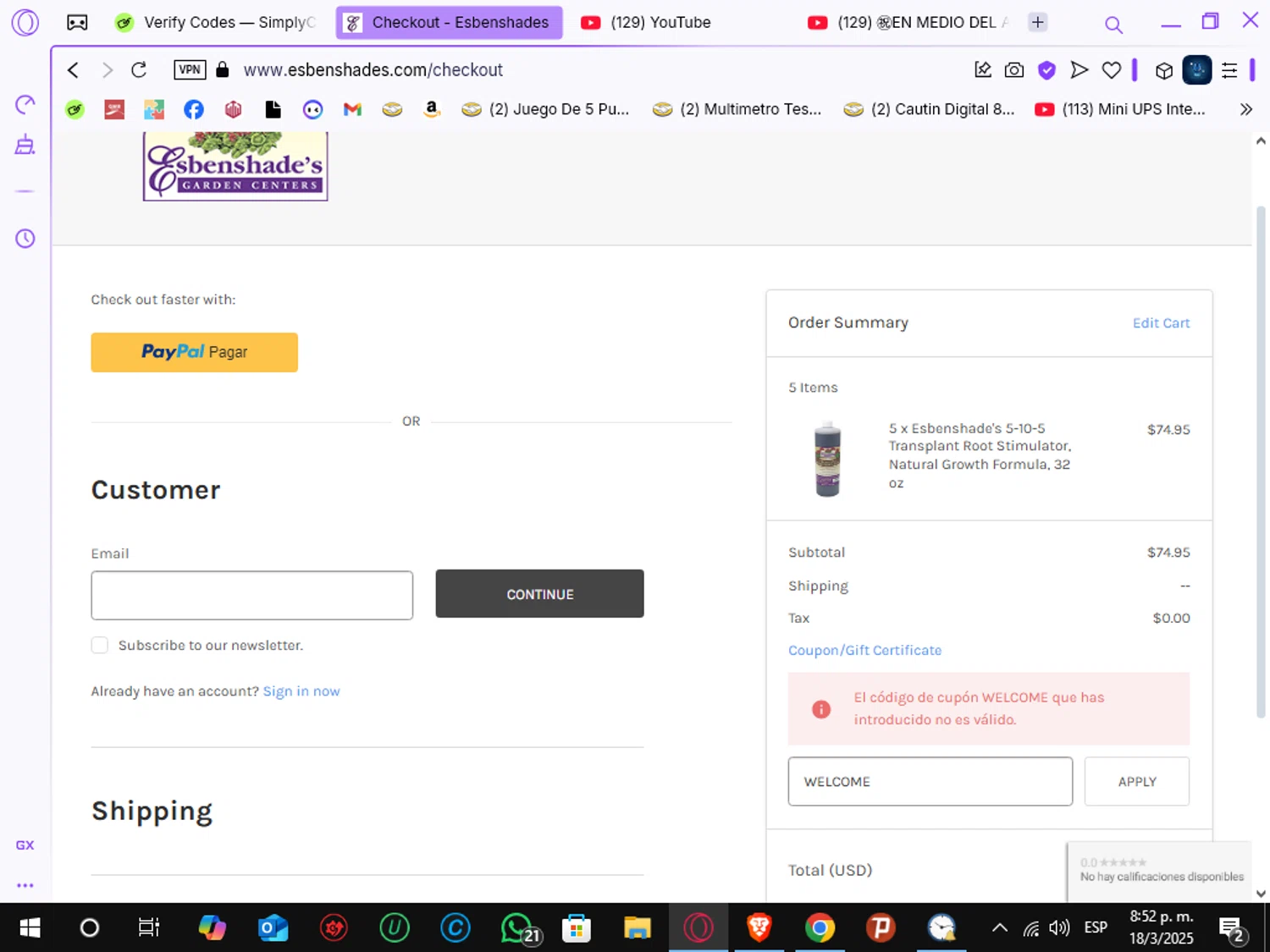 Esbenshades promo code screenshot showing code WELCOME applied at Esbenshades checkout page. Uploaded by SimplyCodes community member Crchirino1 on Mar 19, 2025