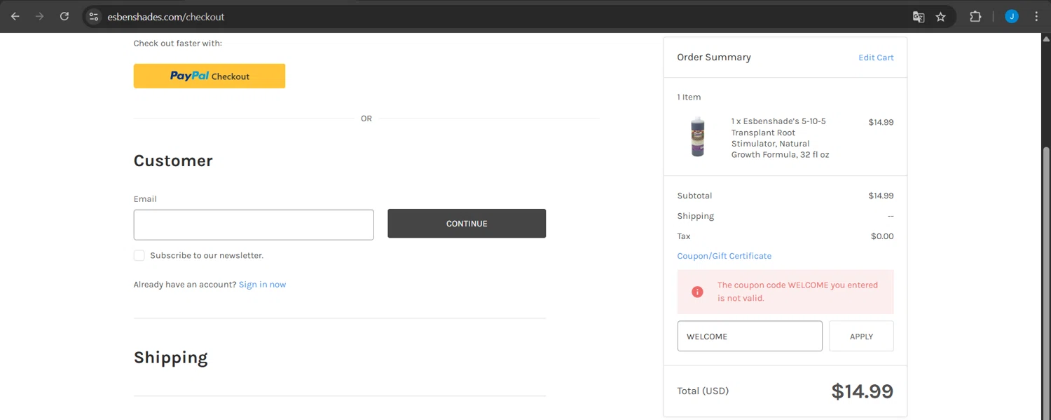Esbenshades promo code screenshot showing code WELCOME applied at Esbenshades checkout page. Uploaded by SimplyCodes community member Jeanjc on Apr 27, 2025