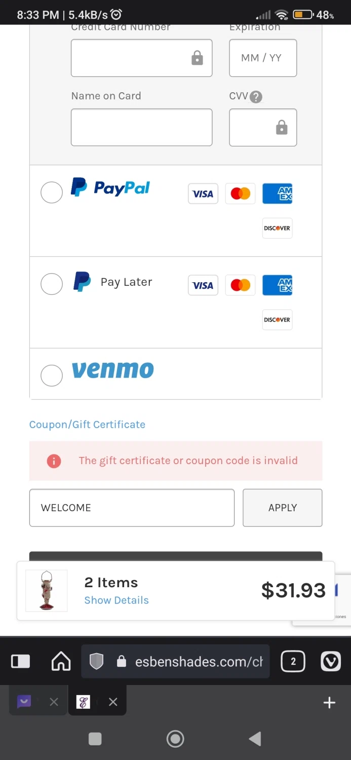 Esbenshades checkout page showing Esbenshades promo code box | Screenshot taken by SimplyCodes community member on May 10, 2023