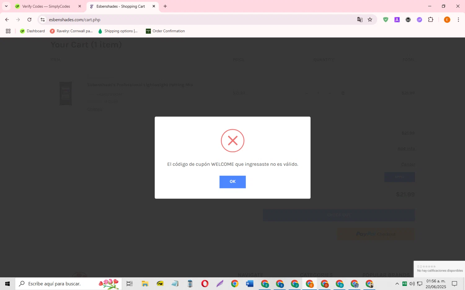 Esbenshades promo code screenshot showing code WELCOME applied at Esbenshades checkout page. Uploaded by SimplyCodes community member RewardFalcon3197 on Jun 20, 2025