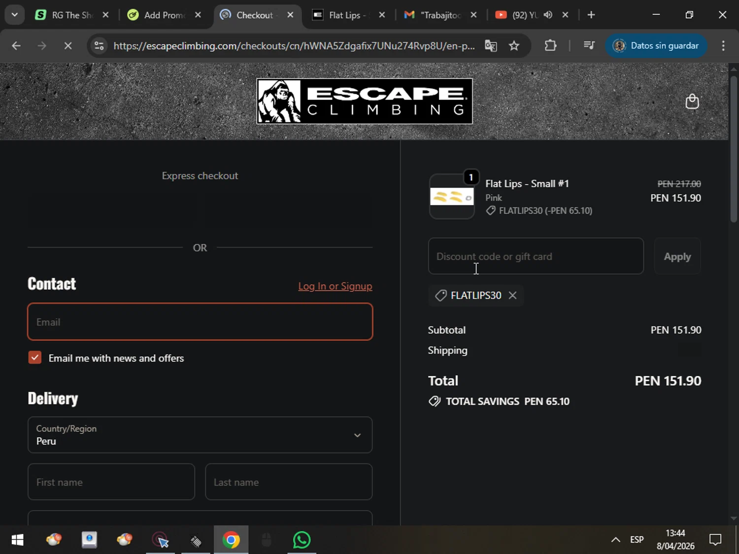 Escape Climbing promo code screenshot showing code FLATLIPS30 applied at Escape Climbing checkout page. Uploaded by SimplyCodes community member MarcosAranguren on Apr 8, 2026