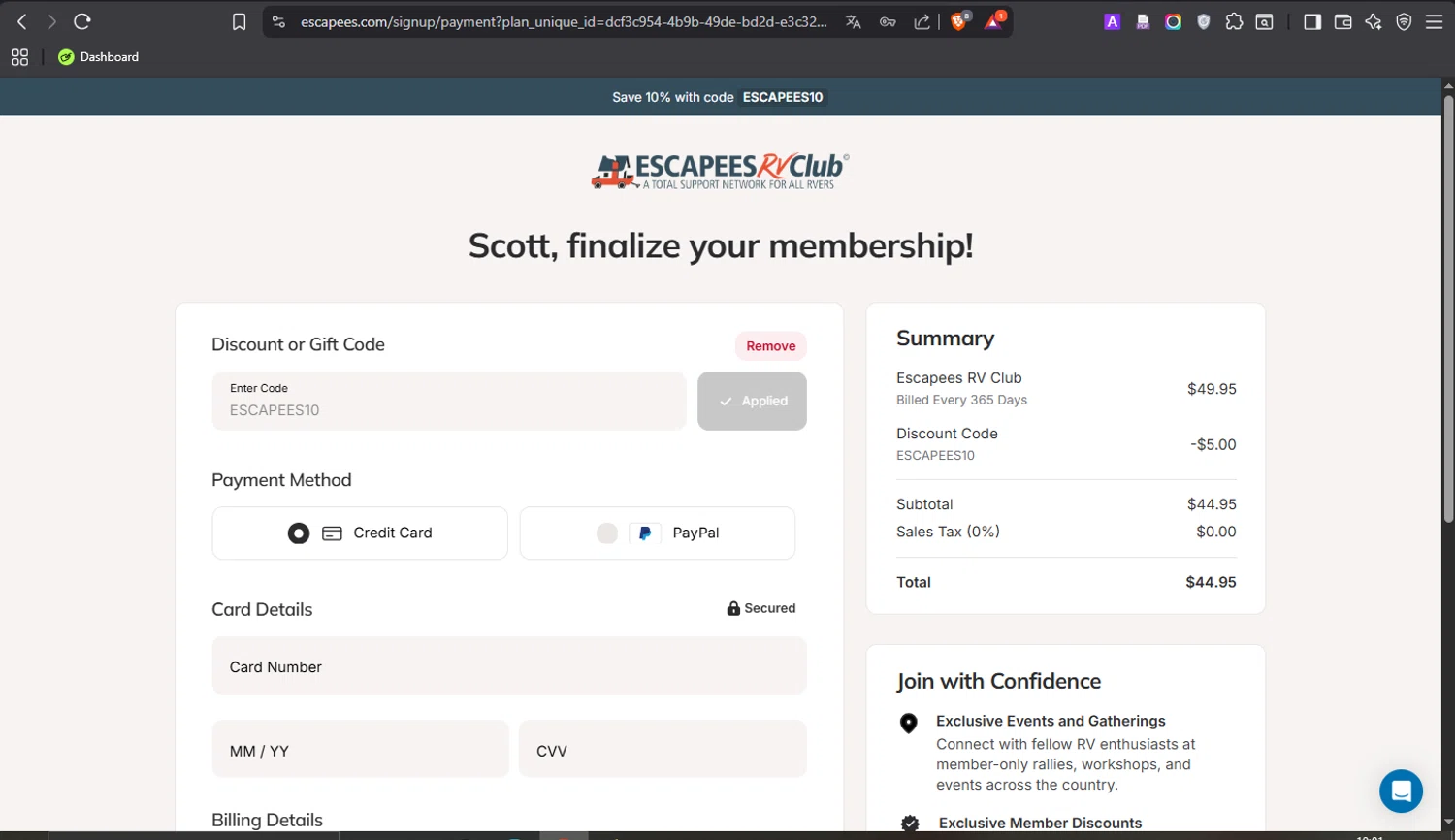 Escapees RV Club promo code screenshot showing code ESCAPEES10 applied at Escapees RV Club checkout page. Uploaded by SimplyCodes community member ROCKSORD_2 on Feb 19, 2026