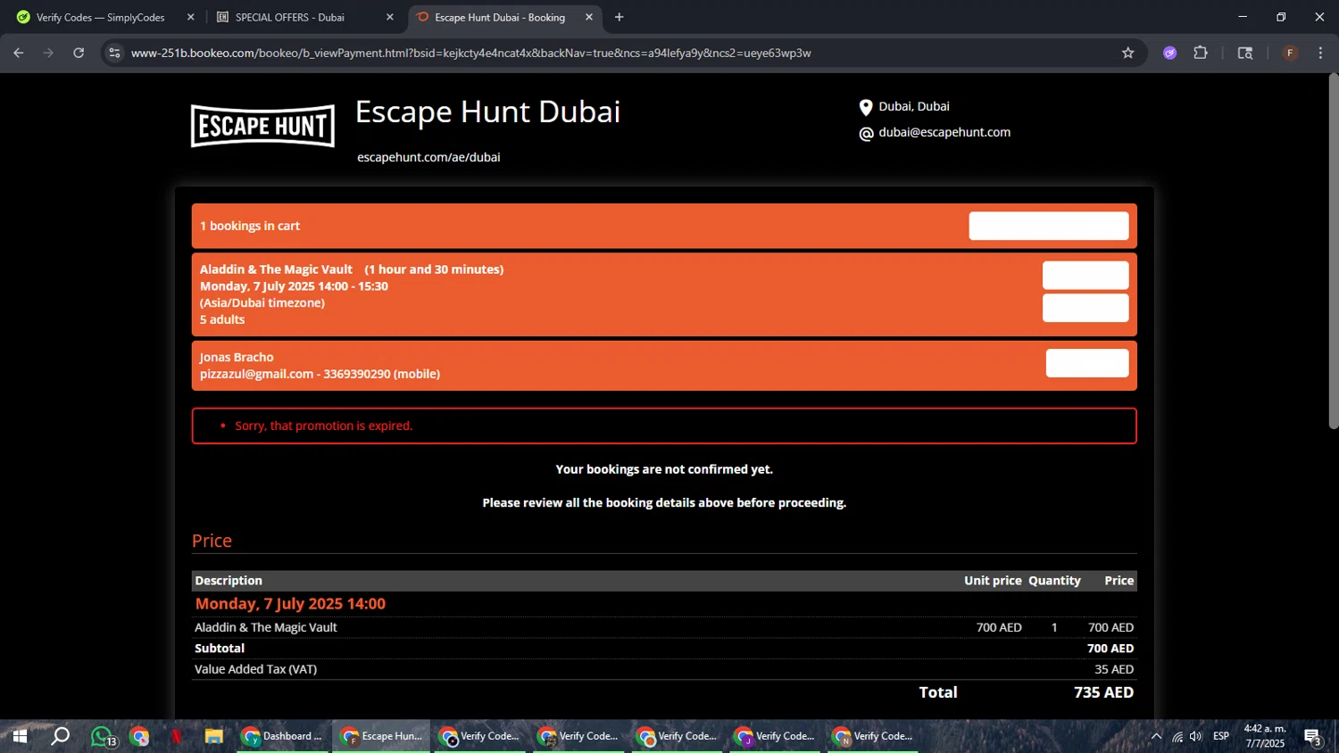 Escape Hunt discount code screenshot showing code 20OFF applied at Escape Hunt checkout page. Uploaded by SimplyCodes community member ExtraordinaryHunter3076 on Jul 7, 2025