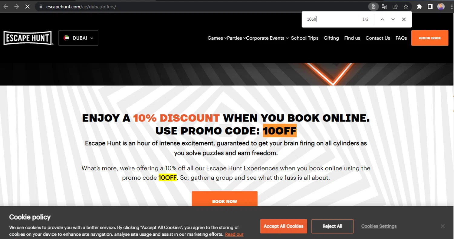 Escape Hunt discount code screenshot showing code 10off applied at Escape Hunt checkout page. Uploaded by SimplyCodes community member HUNTER1406 on Oct 5, 2025