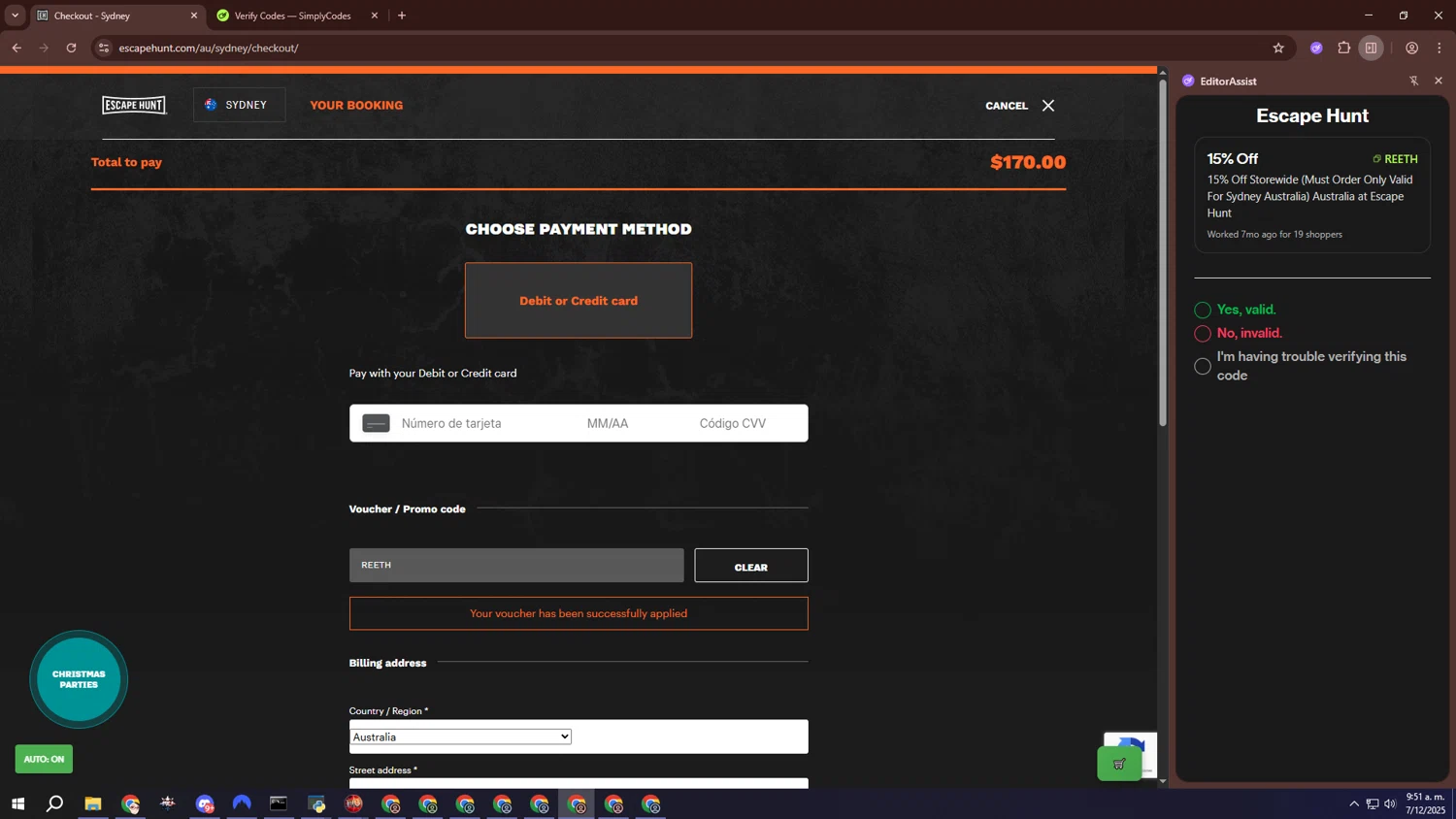 Escape Hunt discount code screenshot showing code REETH applied at Escape Hunt checkout page. Uploaded by SimplyCodes community member bakyhatman1020 on Dec 7, 2025
