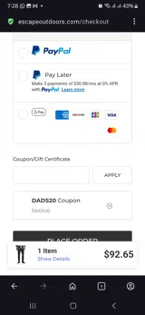 Escape Outdoors coupon verification screenshot