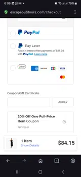 Escape Outdoors coupon verification screenshot